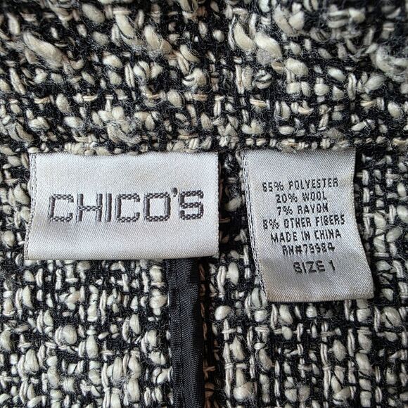 Chicos Wool Blend Tweed Button Front Blazer Size 1 (Medium) Black Cream Boucle - Picture 6 of 9